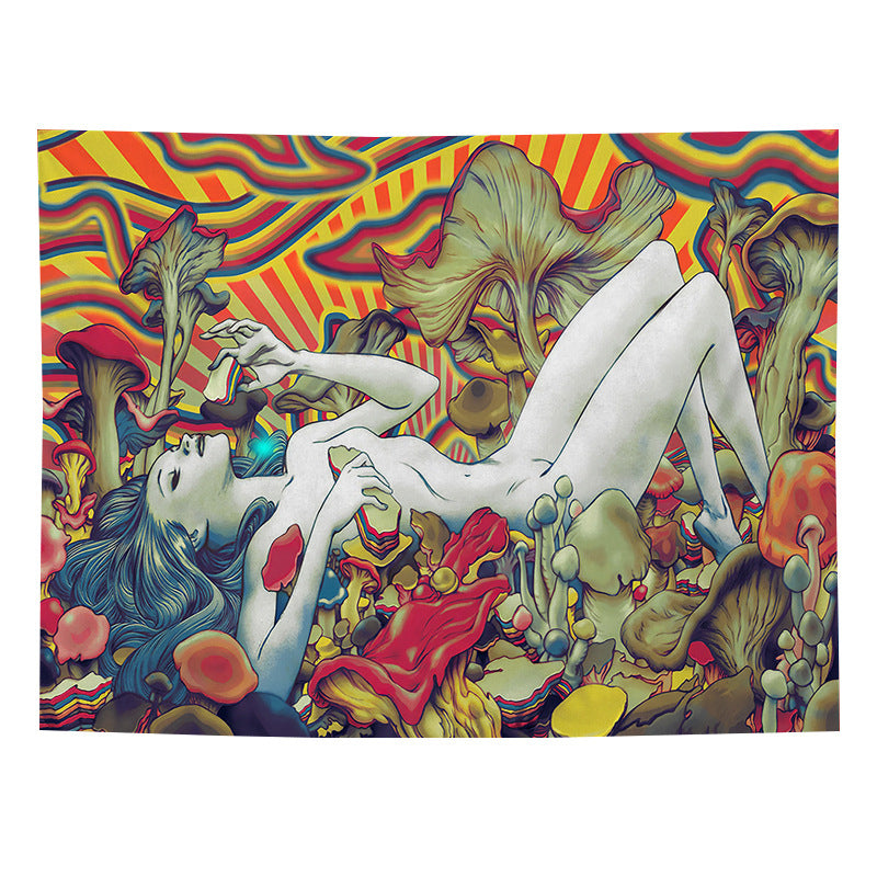 Nude Woman Tapestry, Abstract Naked Girl Lying on Trippy Mushroom Asian Psychedelic Mushroom Tapestry Wall Hanging for Bedroom Home Décor