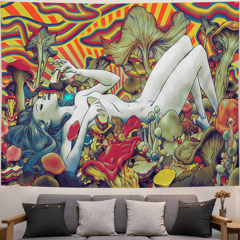 Nude Woman Tapestry, Abstract Naked Girl Lying on Trippy Mushroom Asian Psychedelic Mushroom Tapestry Wall Hanging for Bedroom Home Décor