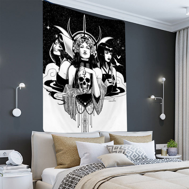 Moon Goddess Tapestry , Girl Skull Wall Hanging, Black And White Tapestry, Witchcraft Décor, Witch kit, Witchy Gifts , Tarot Card Cloth