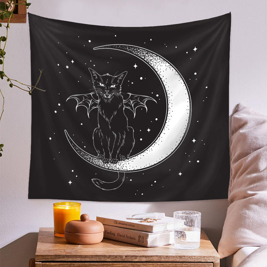 Black Cat Tapestry, Pagan Wall Hanging , Black and White Tapestry,  Moon Phase Decor , Spiritual  Goth Mandala ,Witchy Art for Living Room