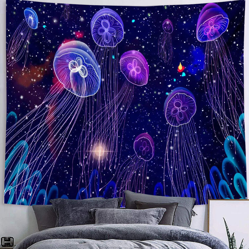 UV Black Light Fluorescent Wall Hanging,  Jellyfish Tapestry, Large Purple Sky Tapestry, Psychedelic Trippy Mandala Blue, Party Décor