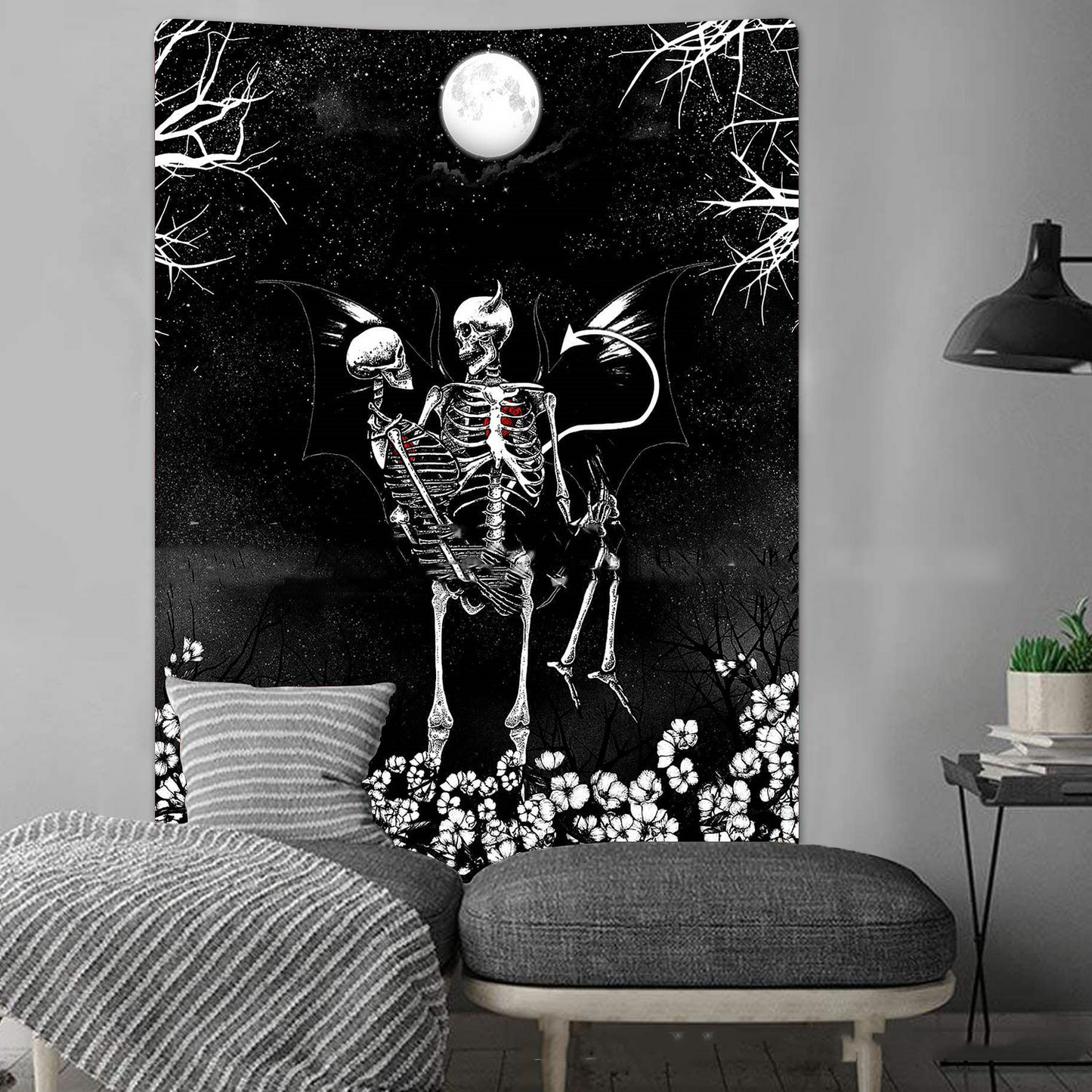 Black and White Skeleton Tapestries Wall Hanging,  Skull Floral Tapestries, Full Moon Tarot Tapestry, Psychedelic Hippie Goth Art Tapestry