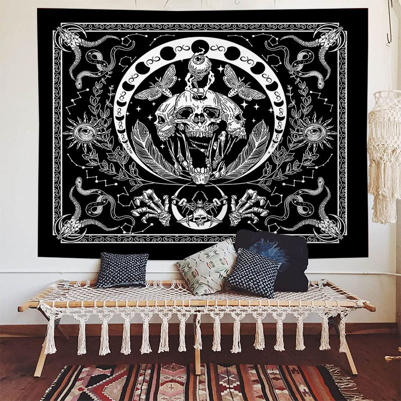 Skull Tapestry, Black and White Tapestries, Snake Tapestry Moth Tapestry, Trippy Skeleton Tapestry Mandala Moon Phase Wall Hanging for Room