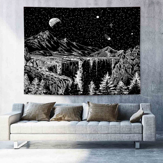 Black and White Tapestry, Starry Night Wall Hanging, Mountain Tapestry, Moon Stars Tapestry Trippy Nature Tapestry for Bedroom Living Room