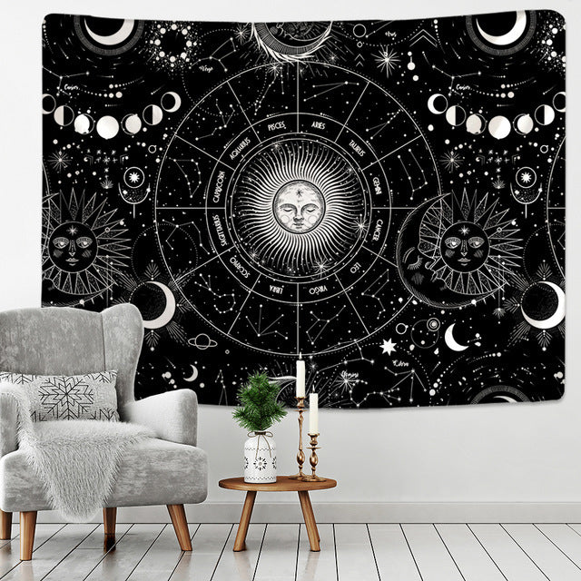 Black and White Tapestry,  Tarot Wall Hanging,  Sun And Moon Mandala,  Hippie  Gothic  Witchcraft  Astrology  Tapestry, Tablecloth, Cover