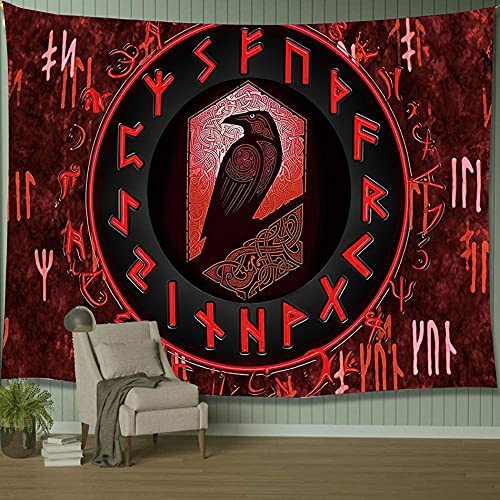 Viking Tapestry , Red Wall Hanging Raven Meditation Runes Wall Art for Bedroom Aesthetic Gothic Room Decor
