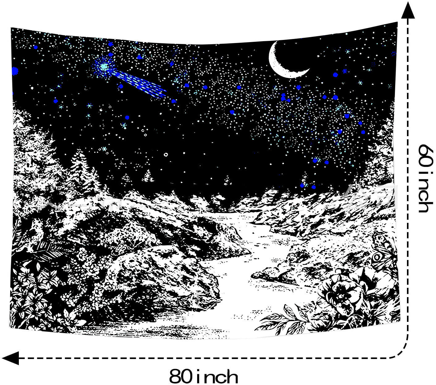 Black And White Tapestry Wall Hanging, Moon Tapestries,  Mountain Landscape Wall Art,  Hippie  Aesthetic Mystical Goth Trippy Blue Tapestry