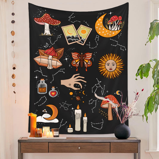Sun and Moon Phase Tapestry, Mushroom Wall Hanging, Witch Moth Art, Witchcraft Witchy Décor,  Black Dark Tarot Tapestries For Dorm, Bedroom