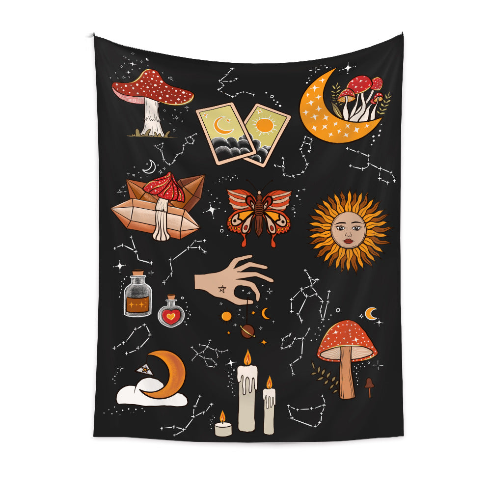Sun and Moon Phase Tapestry, Mushroom Wall Hanging, Witch Moth Art, Witchcraft Witchy Décor,  Black Dark Tarot Tapestries For Dorm, Bedroom
