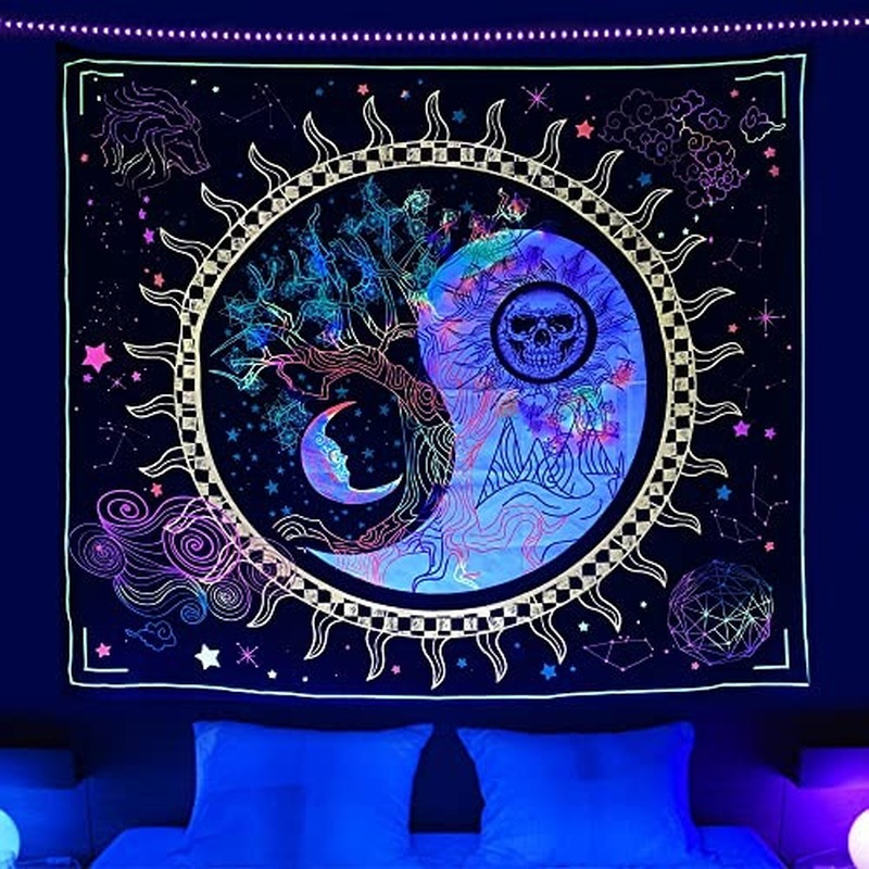 Trippy Sun and Moon Tapestry Skull Tapestry Wall Hanging Psychedelic Black Light Skeleton Tapestries for Bedroom Aesthetics Party Decor