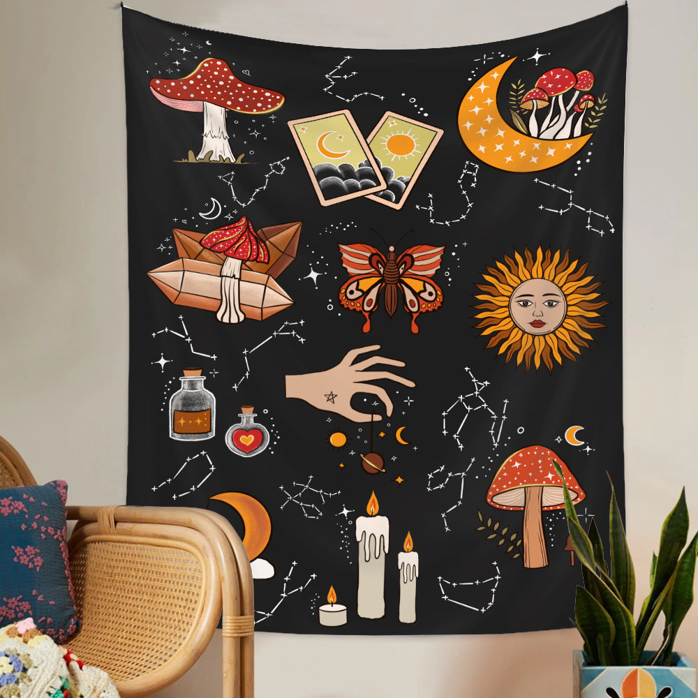 Sun and Moon Phase Tapestry, Mushroom Wall Hanging, Witch Moth Art, Witchcraft Witchy Décor,  Black Dark Tarot Tapestries For Dorm, Bedroom