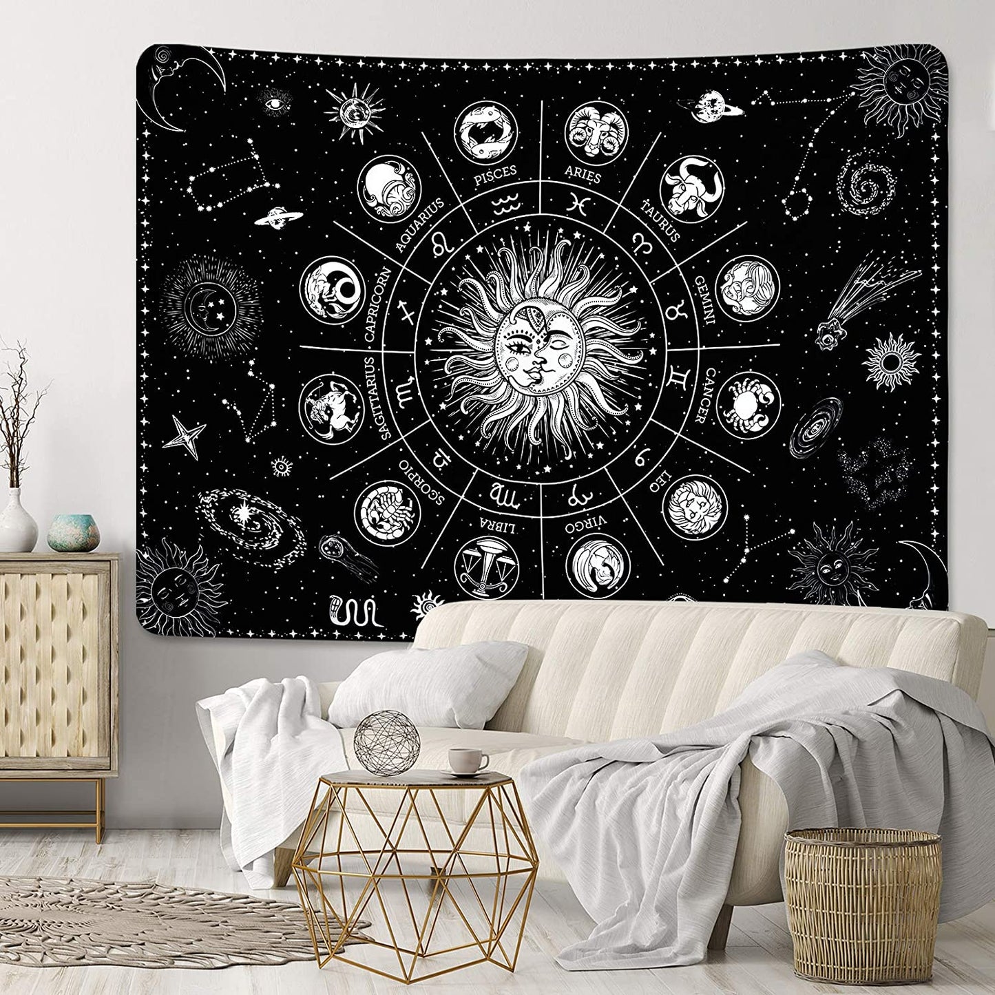 Sun and Moon Tapestry, Zodiac Wall Art , Goth Tapestry ,Black And White Wall Hanging, Tarot Cloth, Trippy Mystical Mandala,Witchy Stuff