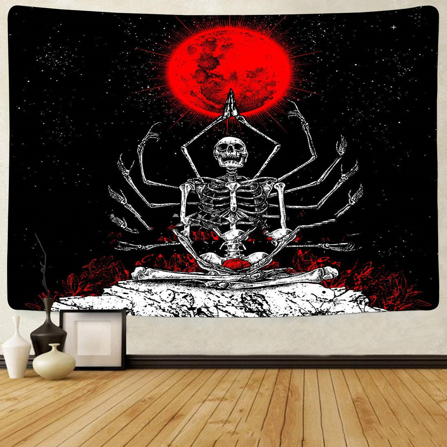 Meditating Skeleton Tapestry,  Skull Tapestries, Red Blood Moon Tarot Tapestry, Psychedelic Hippie Goth Trippy Art Black Mediation Tapestry
