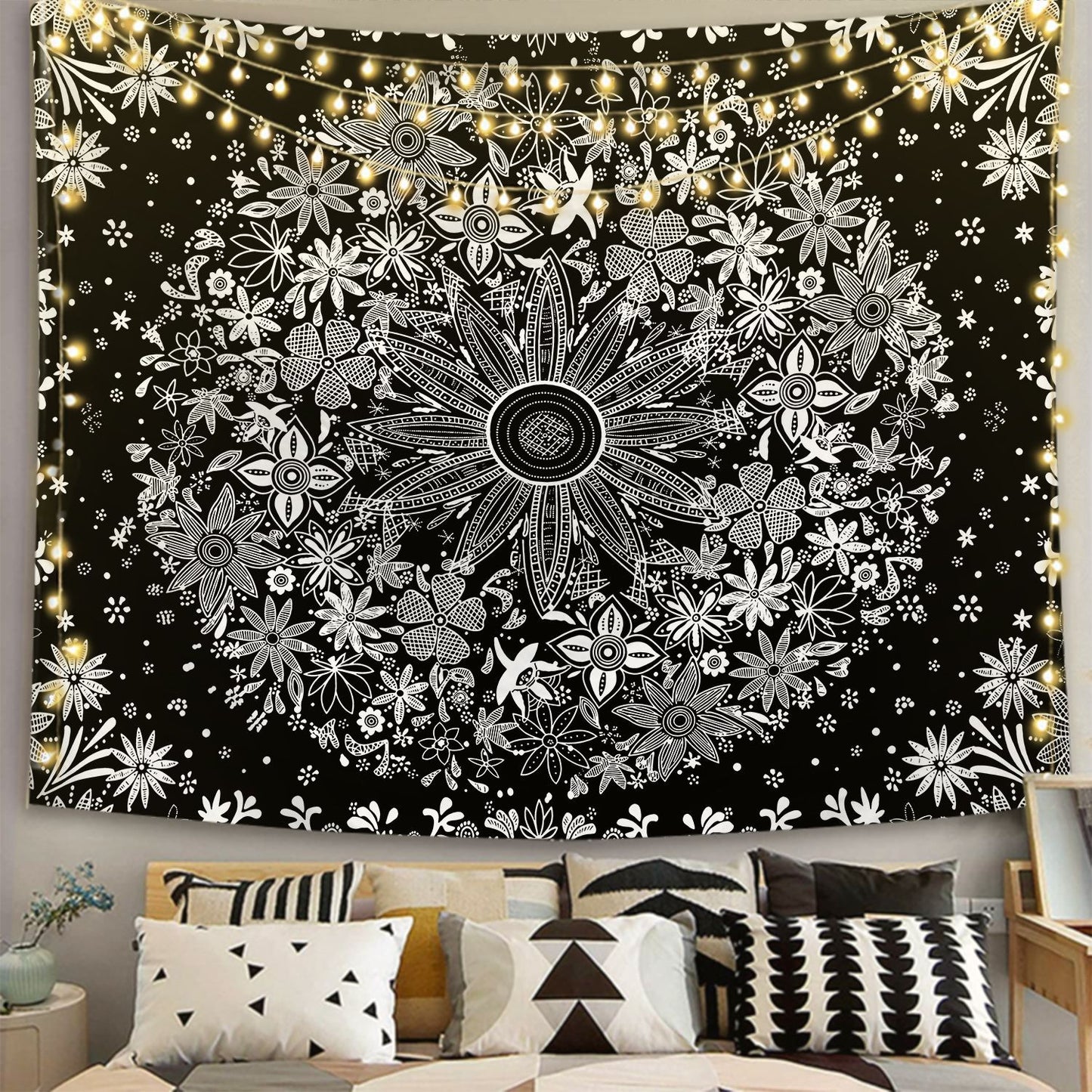 Flower Tapestry, Psychedelic, Tarot ,Astrology, Witchcraft, Black and White Mandala Tapestry Wall Hanging Wall Decor Art Celestial Room