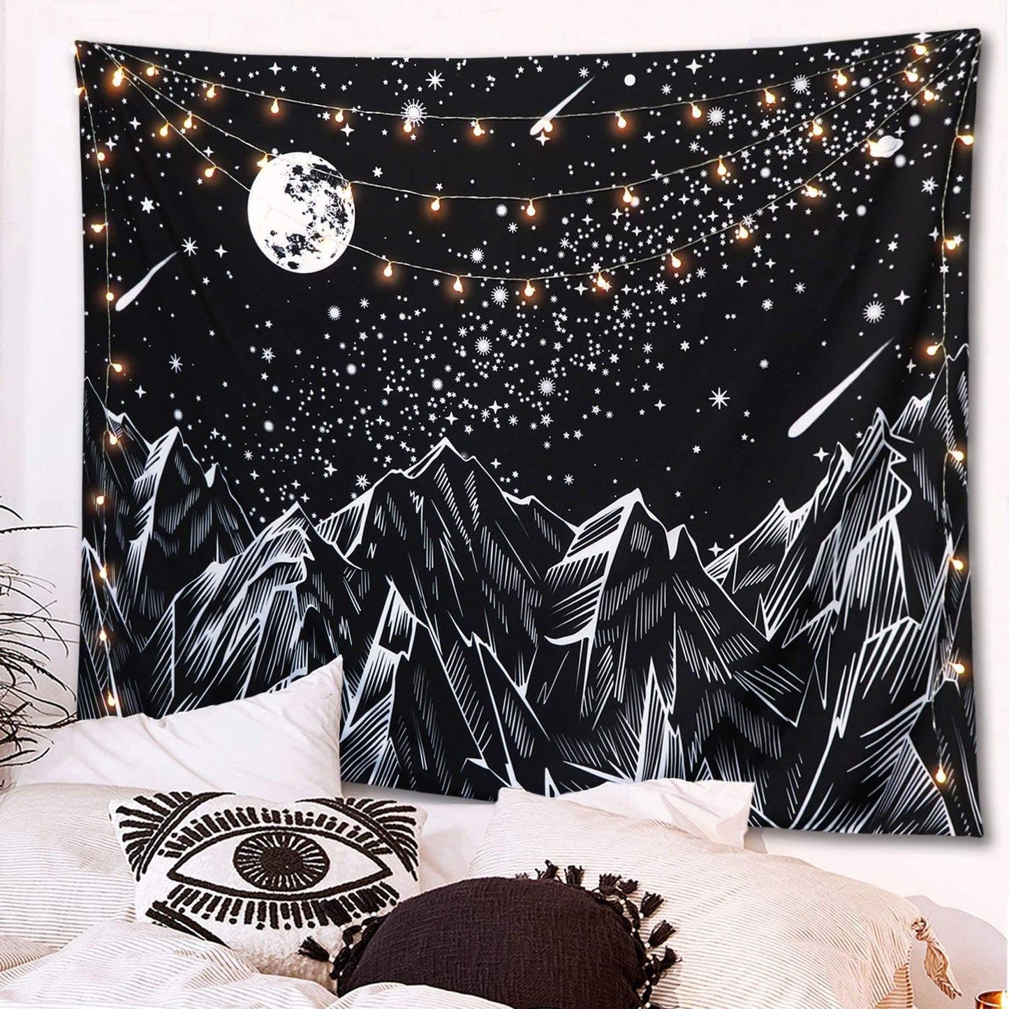 Black and White Tapestry, Moon Mountain Tapestry Wall Hanging,Starry Night Sky Stars Tapestry with Meteor Bedroom Home Wall Décor Celestial