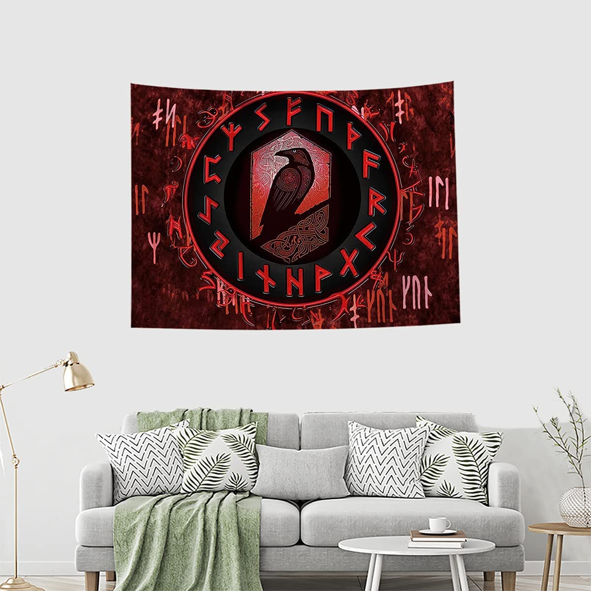 Viking Tapestry , Red Wall Hanging Raven Meditation Runes Wall Art for Bedroom Aesthetic Gothic Room Decor