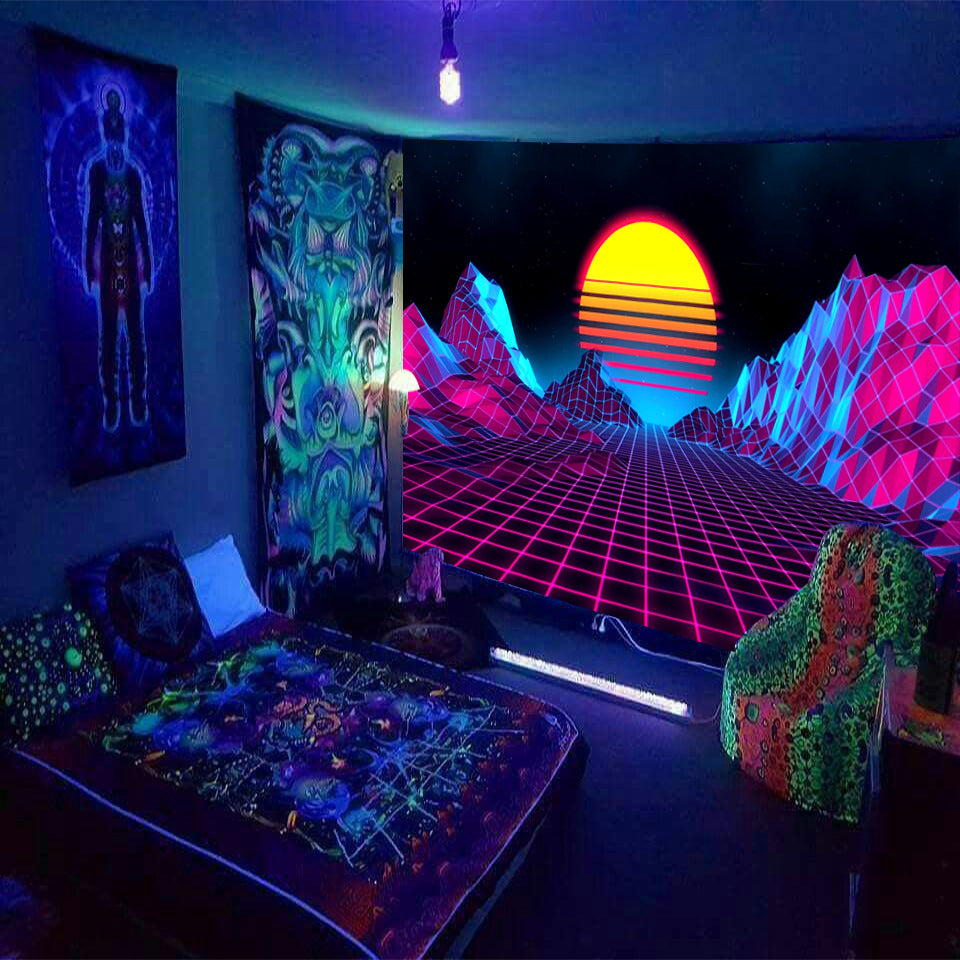 UV Blacklight Tapestry, Sun and Mountain Landscape Wall Hanging, Fractal Tapestry , Psychedelic Backdrop, for Living Room Dorm , Party Décor