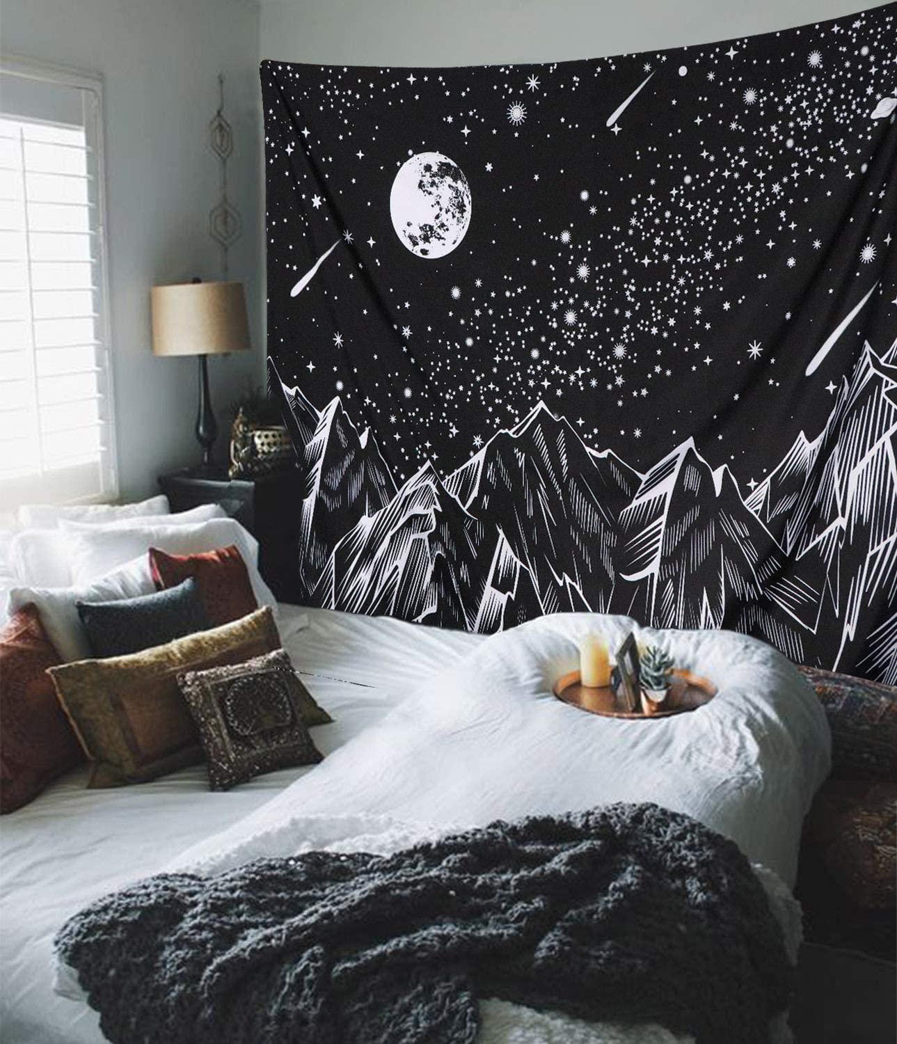 Black and White Tapestry, Moon Mountain Tapestry Wall Hanging,Starry Night Sky Stars Tapestry with Meteor Bedroom Home Wall Décor Celestial
