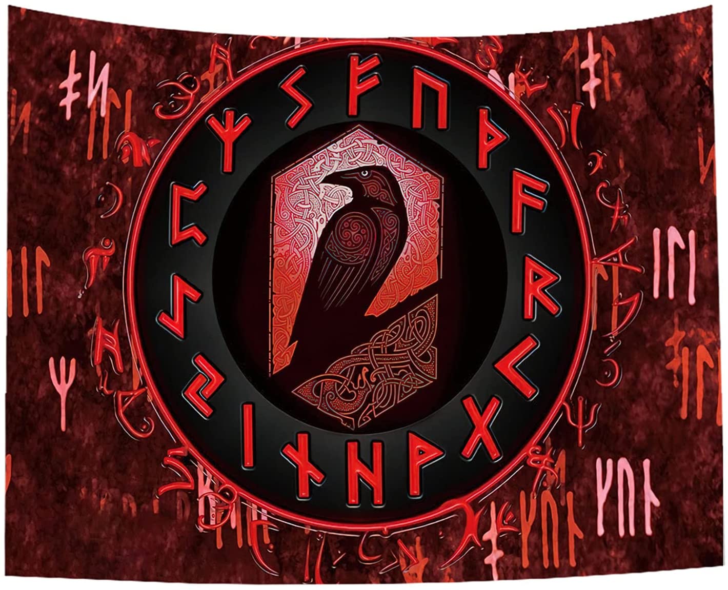 Viking Tapestry , Red Wall Hanging Raven Meditation Runes Wall Art for Bedroom Aesthetic Gothic Room Decor