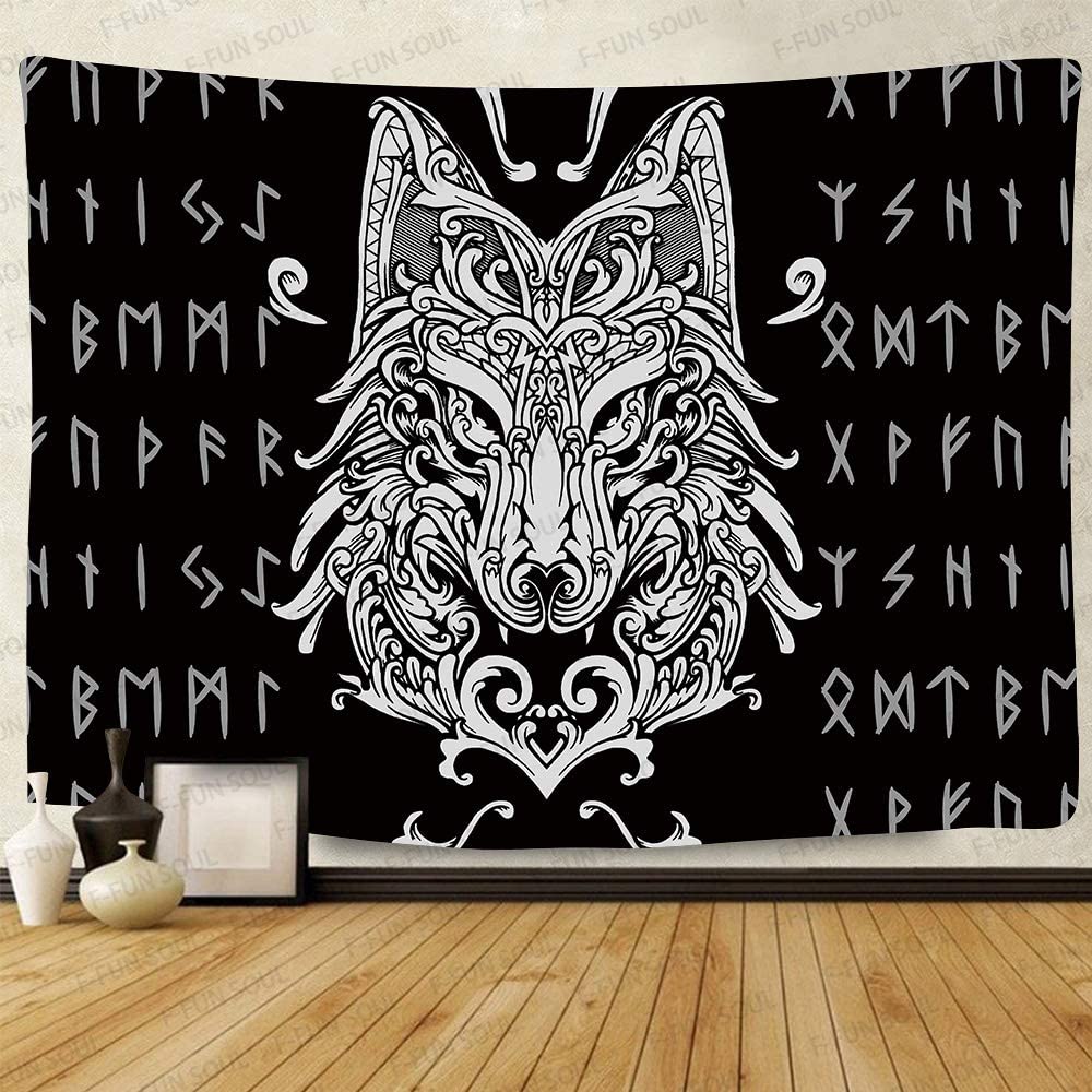 Viking Wolf Tapestry Wall Hanging, Medieval Viking Age Black Wolf Mysterious  Meditation Psychedelic Runes Wall Tapestries  Home  Decor