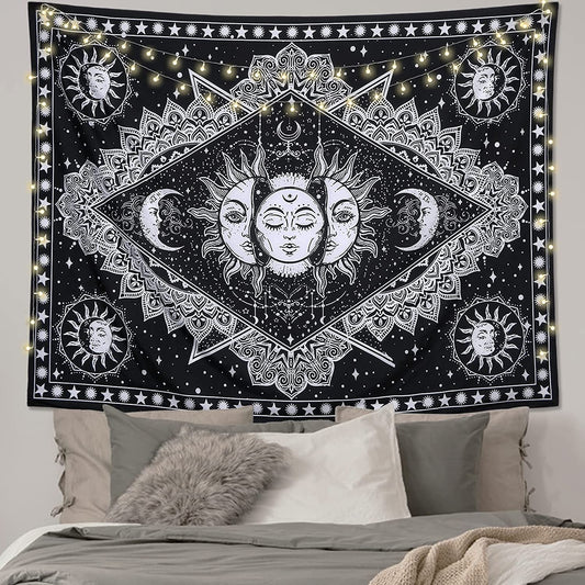 Sun and Moon Wall Hanging, Black and White Tapestry, Tarot Design, Chakra Mystic Mandala, Aesthetics Wall Art for Living Room and Bedroom