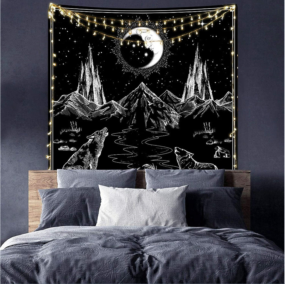 Tarot Tapestry ,Black and White Tapestry, Satanic Wall Hanging, Gothic Decor for Home, Wolf and Moon Wall Tapestry for Bedroom Living Room