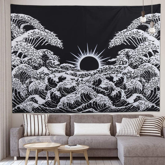 Great Wave Of Kanagawa Tapestry , Black and White Tapestry, Japanese Wall Hanging , Sun and Wave Mandala, Wall Tapestry for Bedroom , Dorm