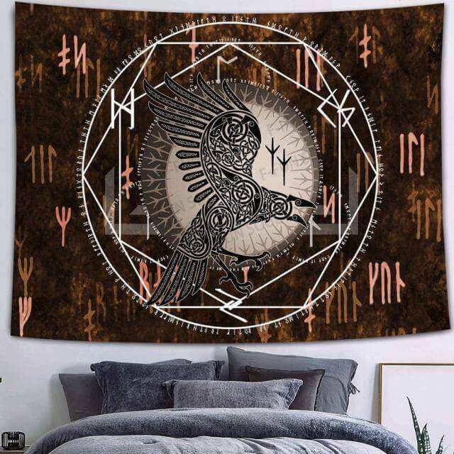 Viking Crow Norse Mythology Wall Hanging, Viking Raven Tapestry, Runes Wall Art , Odin Pagan Raven Gift, Scandinavian Wall Décor Living Room
