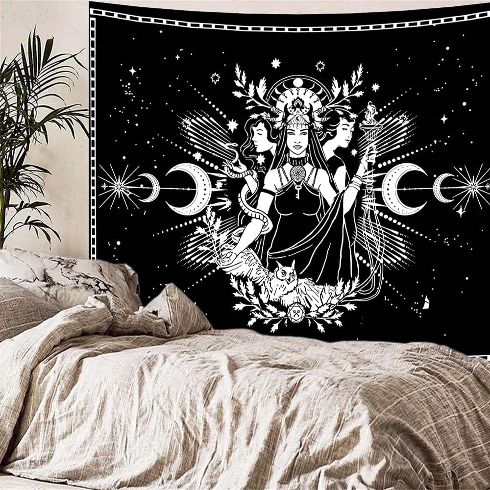 Lunar Goddess Hecate Tapestry, Witch Witchy Gothic Wall Hanging, Black and White , Goth Trippy Moon Tarot Card Tapestries , Mandala Art