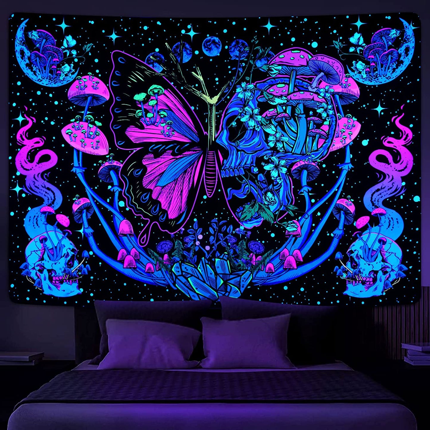Blacklight Tapestry, UV Reactive Trippy Mushroom Butterfly Tapestries, Aesthetic Moth Moon Flowers  Hippie Snake Tapestry Wall Hanging