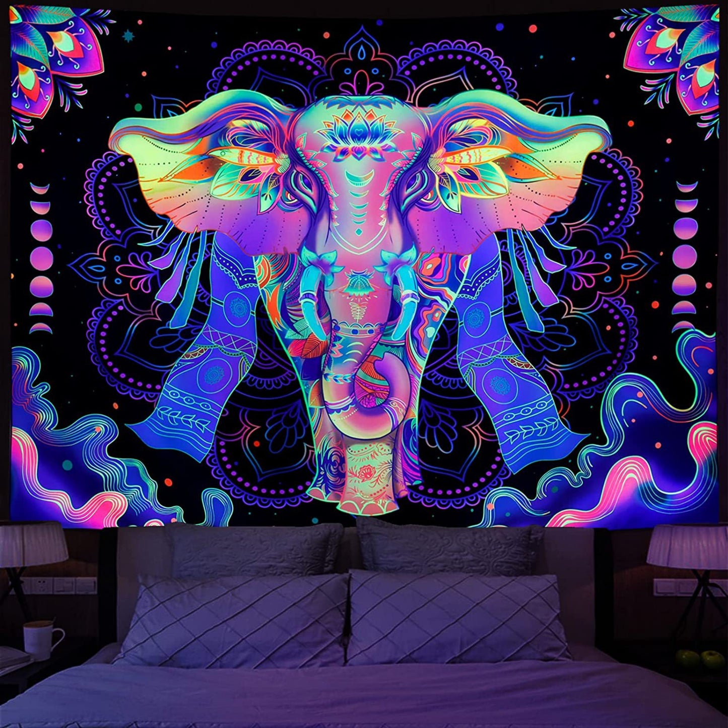 Blacklight UV Reactive Elephant Tapestry, Trippy Mandala Tapestry, Psychedelic Aesthetic Neon Hippie Décor for Living Room Dorm Bedroom
