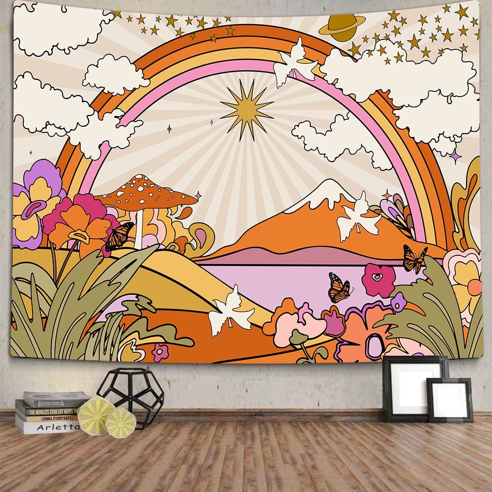 Vintage Groovy Tapestry, Retro Trippy Mushroom Flowers Clouds Sun Rainbow Wall Hanging,  Hippie Psychedelic Tapestry for Bedroom Dorm Decor