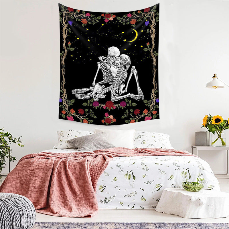 The Kissing Lovers Tapestry, Skull Rose Tapestry  ,Black Tarot Skeleton Wall Hanging  ,Tarot Cloth, Hippie ,Goth, Couple for Bedroom, Dorm