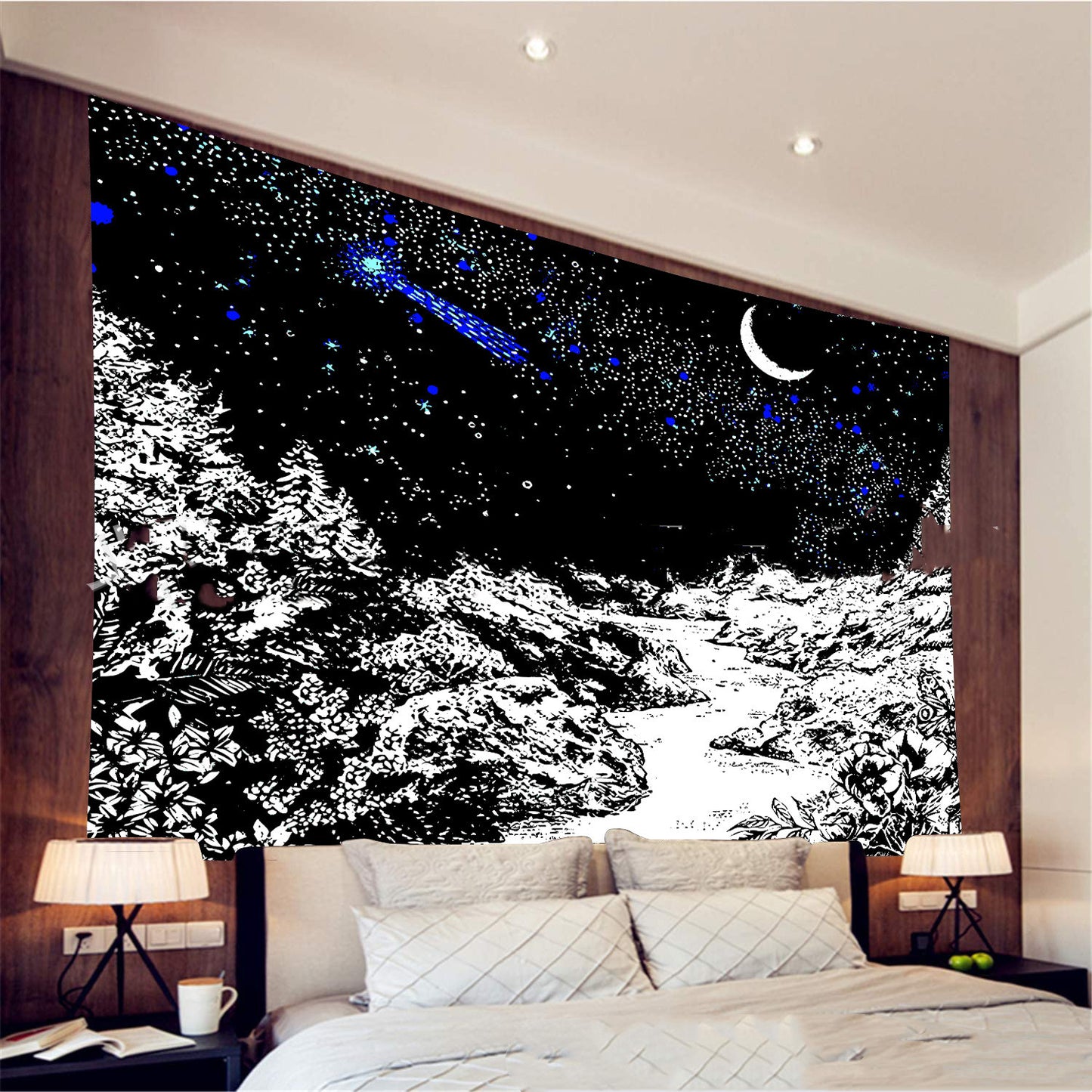 Black And White Tapestry Wall Hanging, Moon Tapestries,  Mountain Landscape Wall Art,  Hippie  Aesthetic Mystical Goth Trippy Blue Tapestry
