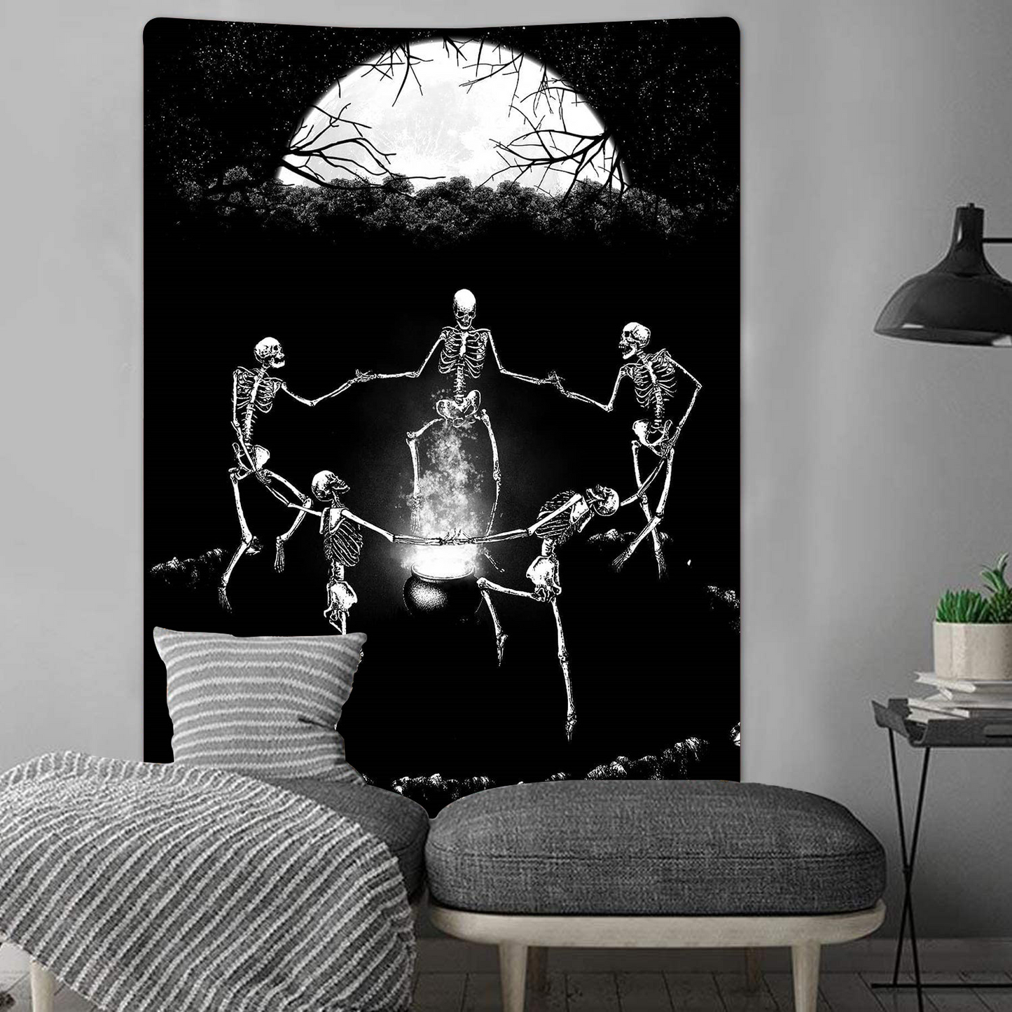 Dancing Skeleton Tapestry,  Skull Tapestries, Dance Music, Bonfire Wall Hanging,  Tarot Cloth, Dark Hippie Goth Trippy Art Souls Tapestry