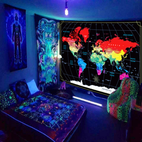 Fluorescent Tapestry , World Map Wall Art,  Neon Wall Hanging,  Decoration Tapestries Large Poster Art  for  Kids Room,  Dorm Office, Room