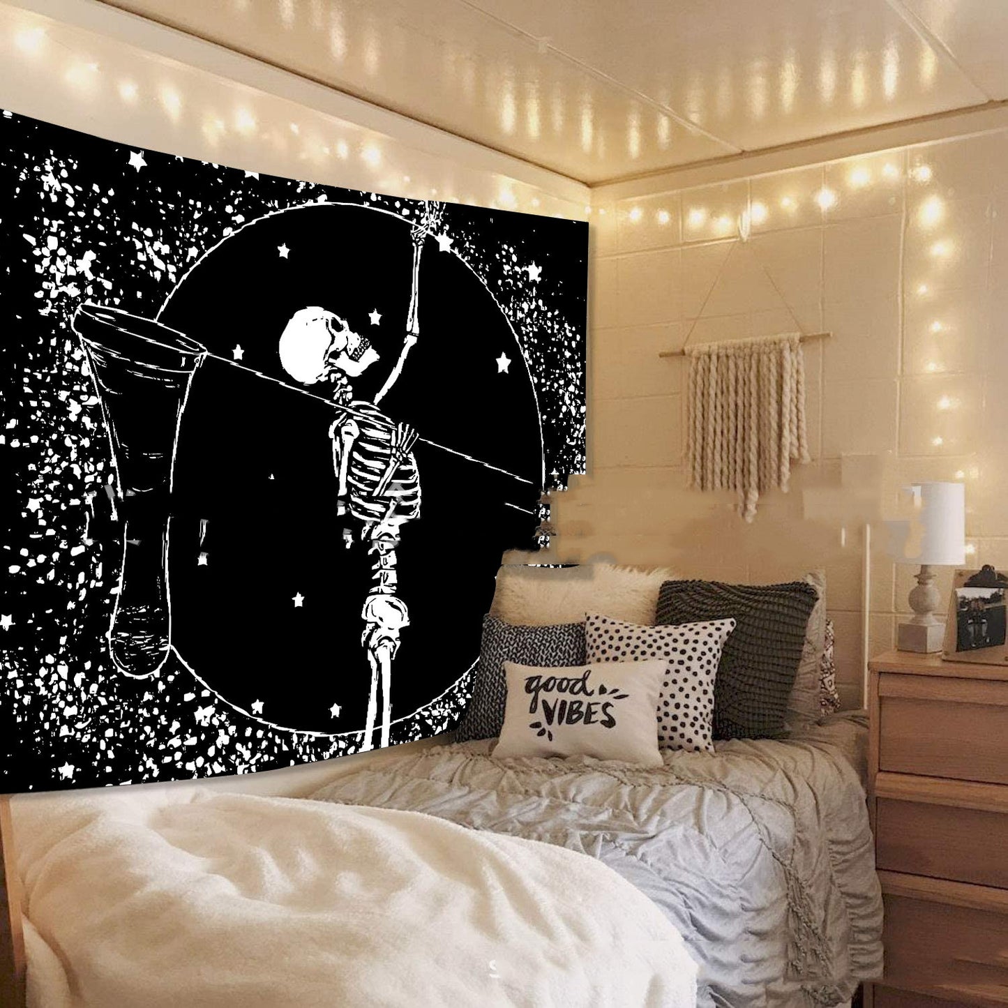 Skeleton Tapestry,  Starry Night Tapestries, Skull Wall Hanging,  Tarot Cloth, Black and White Tapestry, Dark Hippie Trippy Art  Tapestry