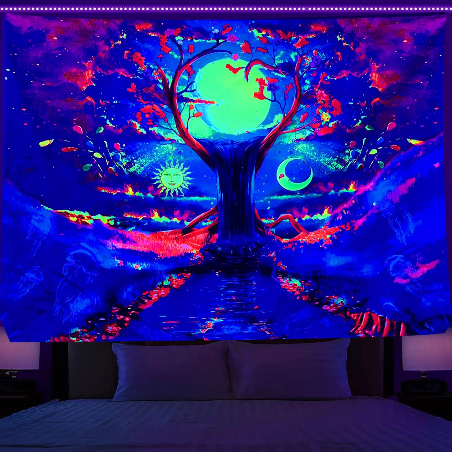 Fluorescent Tapestry , Trippy Mushroom , Psychedelic Wall Hanging, Sun and Moon Wall Art, Aesthetic UV Reactive Hippie Tapestry for Room