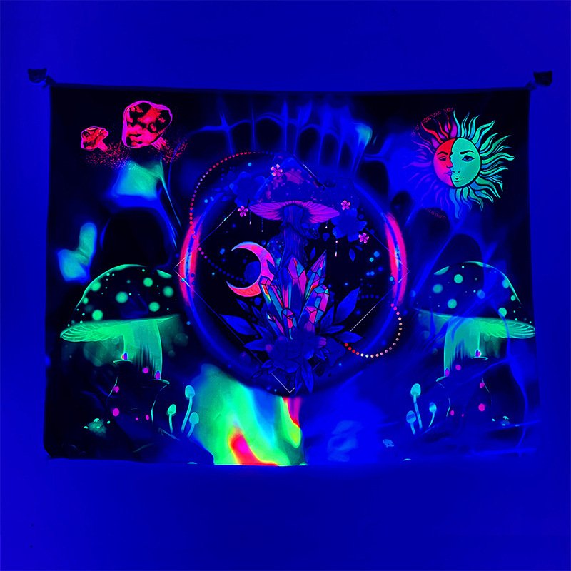 Psychedelic Tapestry, Trippy Mushroom Tapestry, Sun And Moon Fluorescent Tapestry, Blacklight Witch Tapestry , For  Dorm Living Room Décor