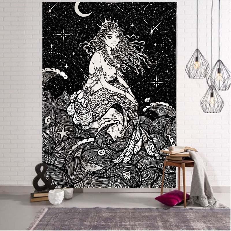 Mermaid Wall Tapestry , Black and White Mermaid Wall Hanging, Girl and the Moon Decor,  Bohemian Art, for Living Room Bedroom Dorm Décor
