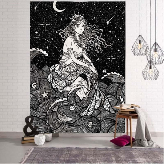 Mermaid Wall Tapestry , Black and White Mermaid Wall Hanging, Girl and the Moon Decor,  Bohemian Art, for Living Room Bedroom Dorm Décor