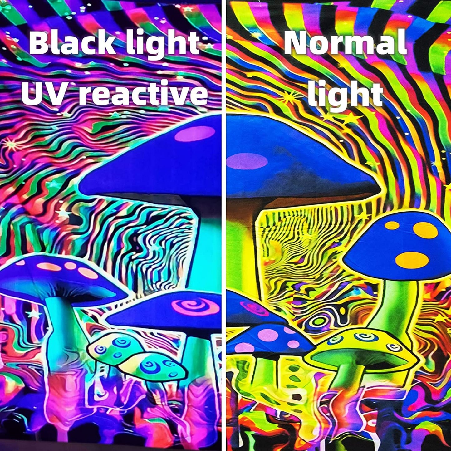 Blacklight Mandala Tapestry, Psychedelic UV Reactive Trippy Mushroom Wall Hanging, Fluorescent Neon Tapestries, Aesthetic Room Décor, Dorm
