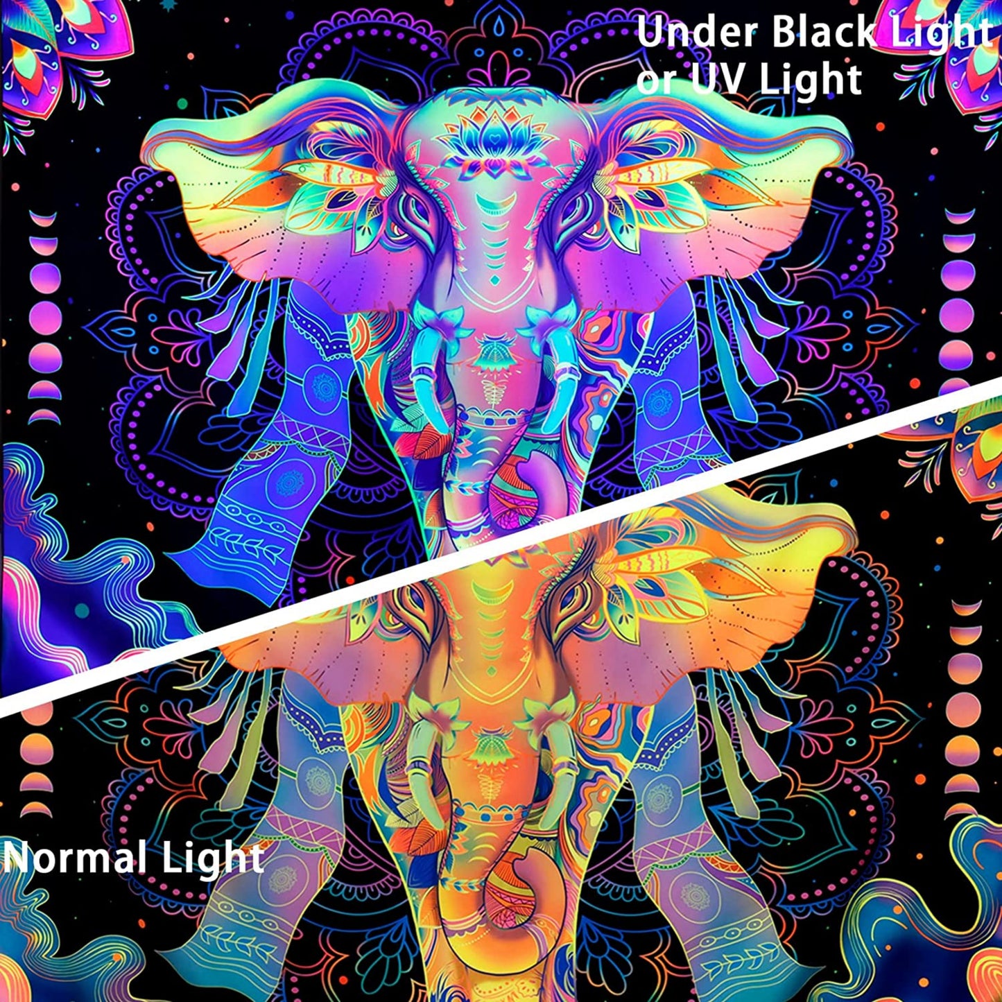 Blacklight UV Reactive Elephant Tapestry, Trippy Mandala Tapestry, Psychedelic Aesthetic Neon Hippie Décor for Living Room Dorm Bedroom
