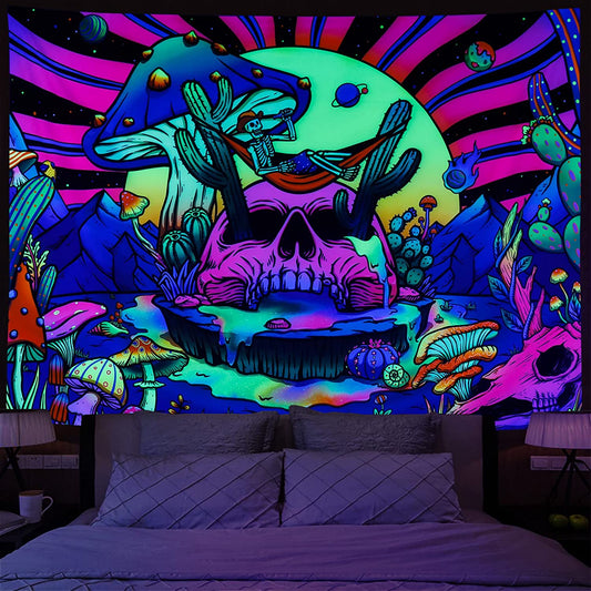 UV Reactive Tapestry, Trippy Skull and Mushrooms Wall Hanging, Fluorescent Psychedelic Hippie Plant Mandala Aesthetic Floral Wall Tapestry