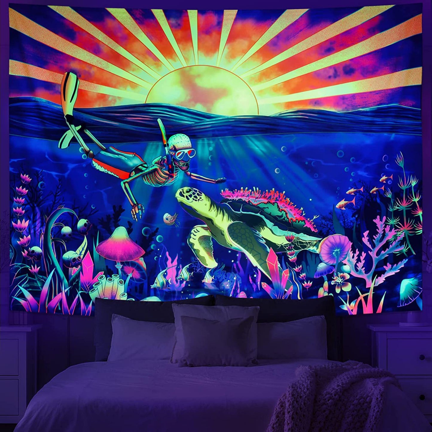 Blacklight Diver Tapestry Wall Art, Trippy Sun Wall Hanging,  UV Reactive Turtle  ,Under the Sea, Ocean, Landscape Tapestries for Bedroom