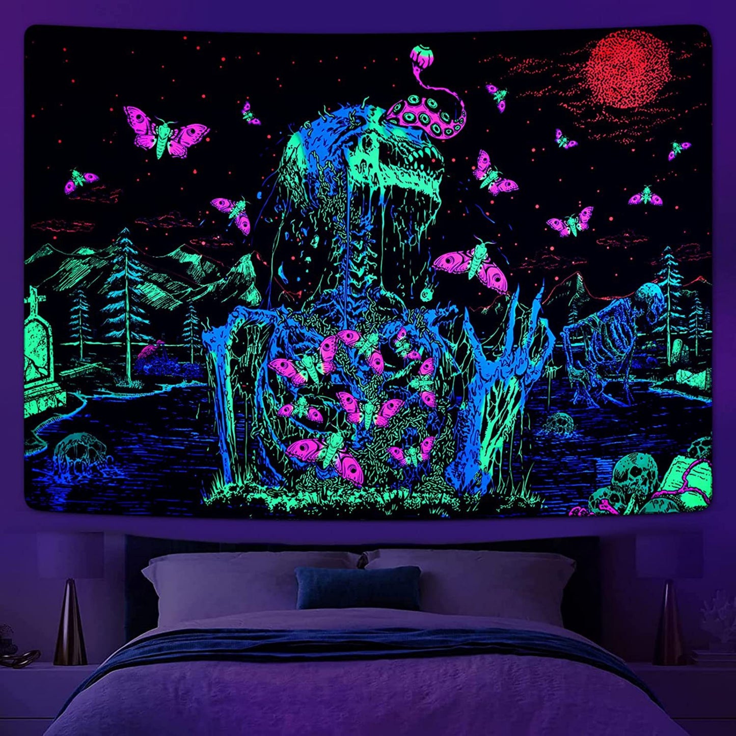 Blacklight Goth Skeleton Tapestry , UV Reactive Trippy Neon Butterfly Mandala Tapestry, Glow in the Dark  Skull Tapestries Gothic Wall Party