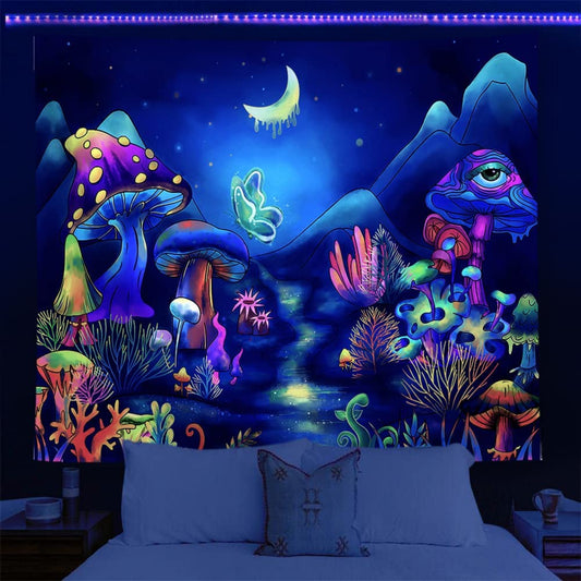 Trippy Mushroom Tapestry, Floral Tapestries, Blacklight Wall Hangings, UV Reactive Tapestry, Glow in the Dark Backdrop  Bedroom Living Room