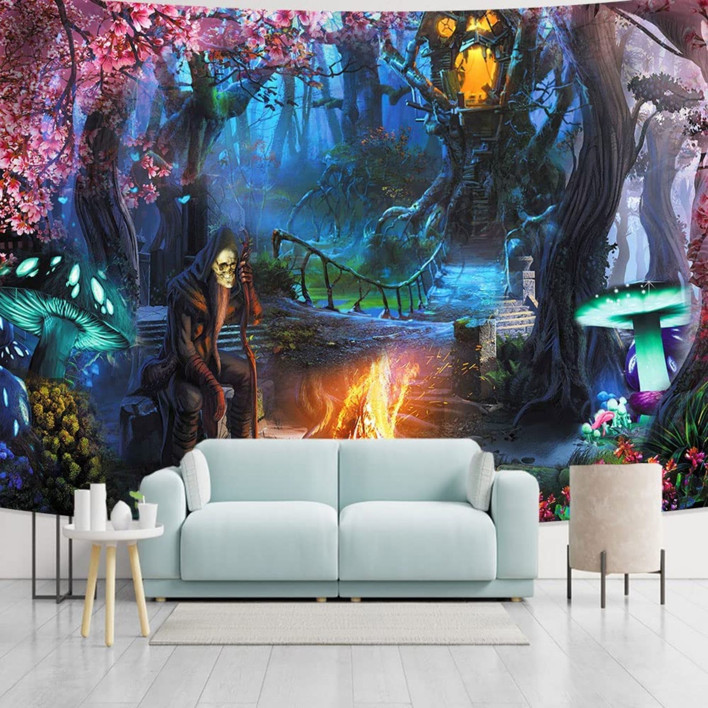 Fantasy Forest Psychedelic Tapestry, Trippy Mushrooms Wall Hanging,  Skeleton Bonfire Party Tapestries, Hippie Boho Cute Funny Magic Décor