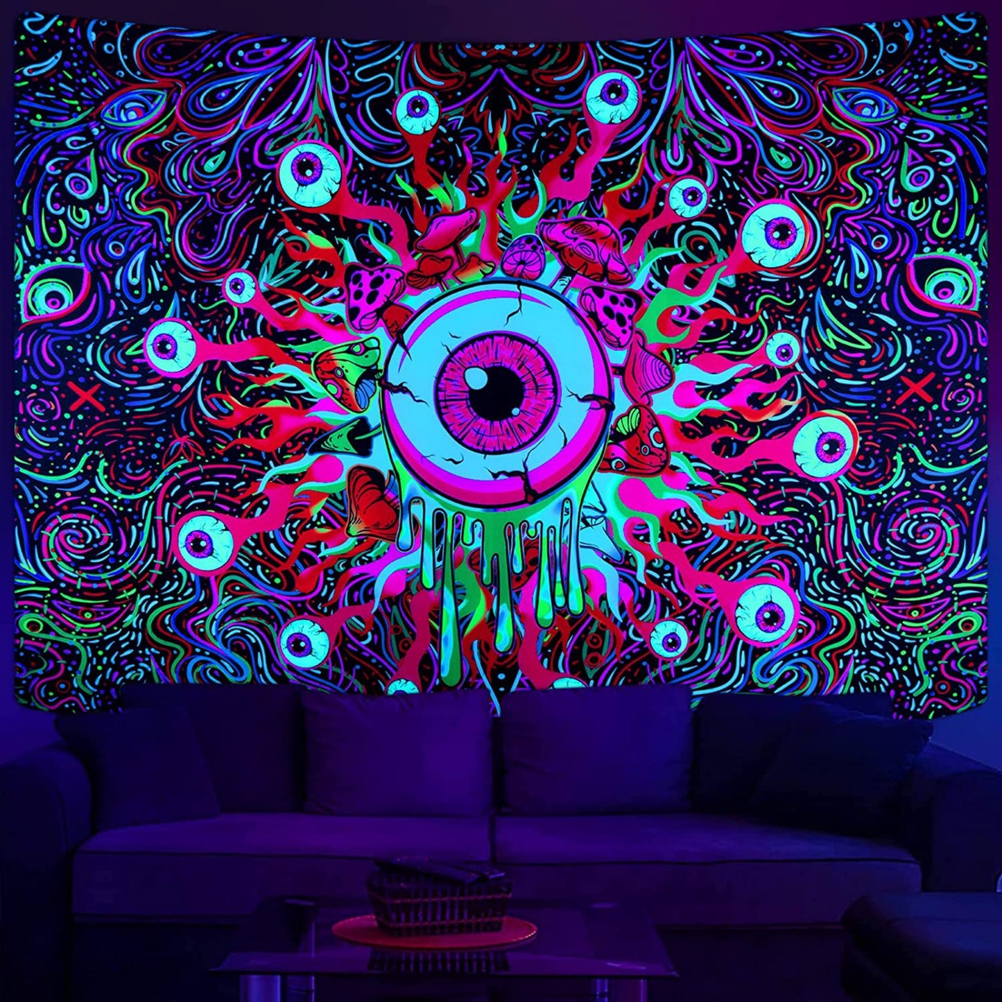 UV Reactive Eyes Tapestry, Trippy Tapestry Wall Hanging,  Blacklight Mushroom  ,Psychedelic Wall Art , Neon Aesthetic Tapestries for Party