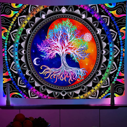 Tree of Life Tapestry, Wall hanging, UV Reactive Hippie Tapestries , Blacklight Mandala Wall Art , Sun and Moon Wall Décor Bedroom, Dorm